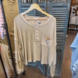 Easel Thermal Mix Terry Knit Khaki Mineral Washed Henley Top